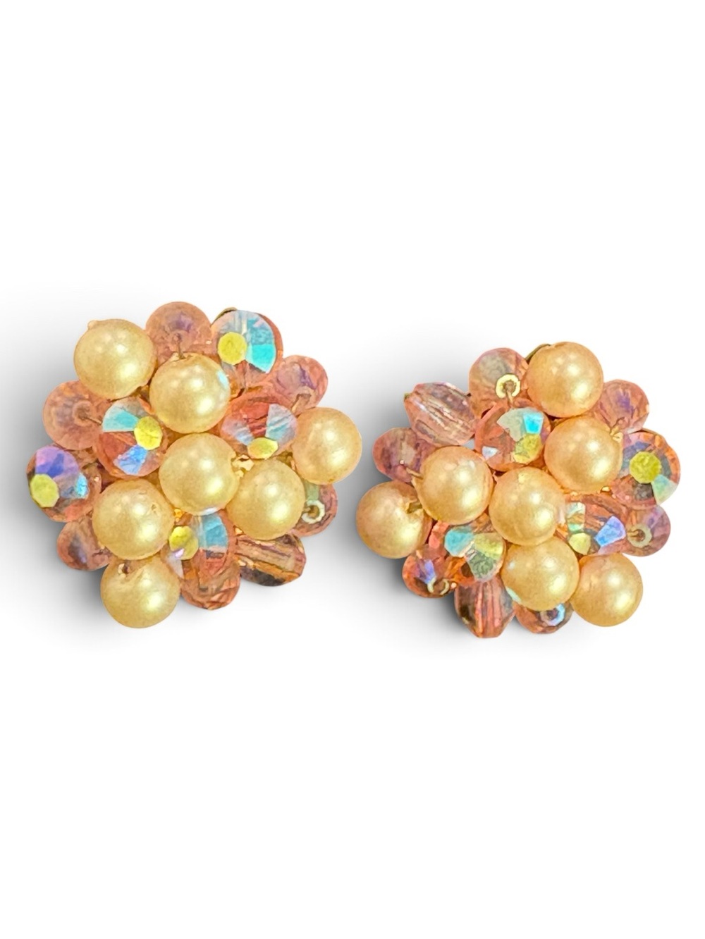 Vintage Pink Pearl & AB Crystal Cluster Clip-On Earrings Mid-Century